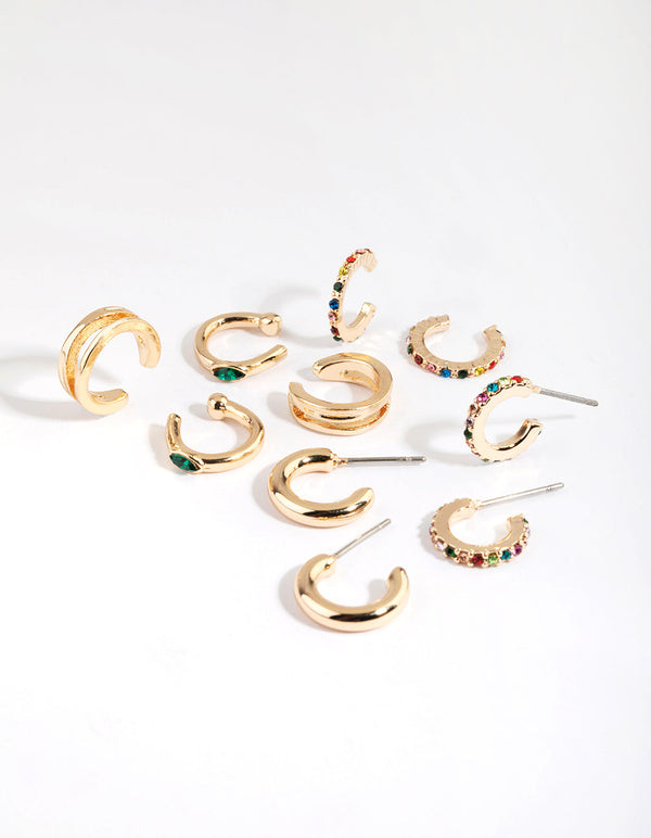 Gold and Colourful Cuff and Huggie Hoop Earring Stack Pack