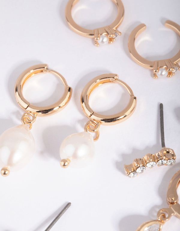 Gold Diamante and Freshwater Pearl Huggie Hoop Earring Stack Pack