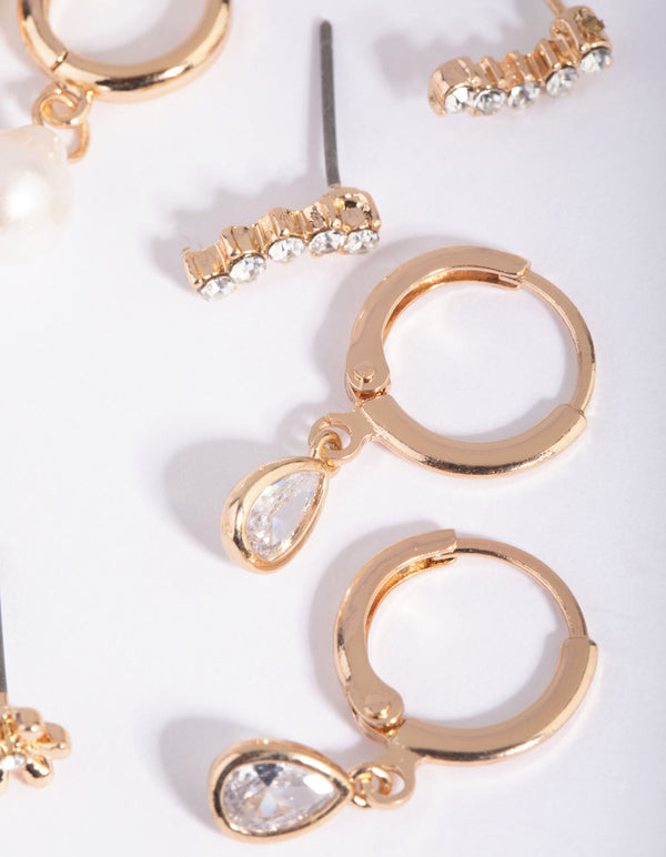 Gold Diamante and Freshwater Pearl Huggie Hoop Earring Stack Pack