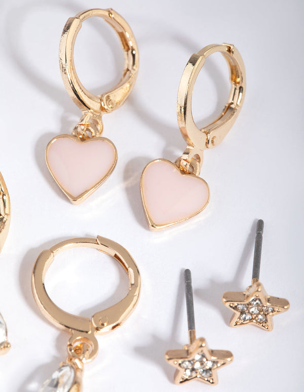 Gold Star and Heart Stud and Huggie Hoop Earring Stack Pack