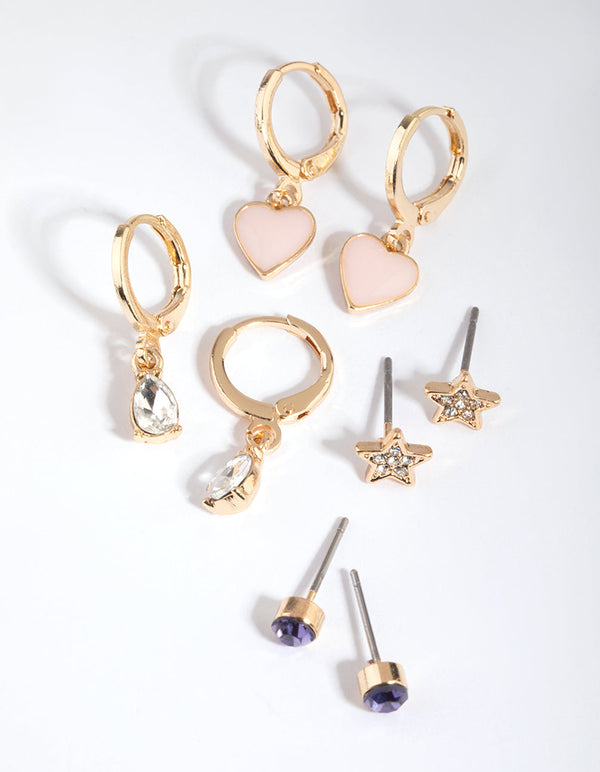 Gold Star and Heart Stud and Huggie Hoop Earring Stack Pack