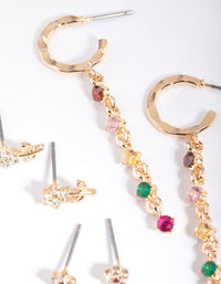 Gold Cubic Zirconia Star and Flower Drop Earring Stack Pack - link has visual effect only
