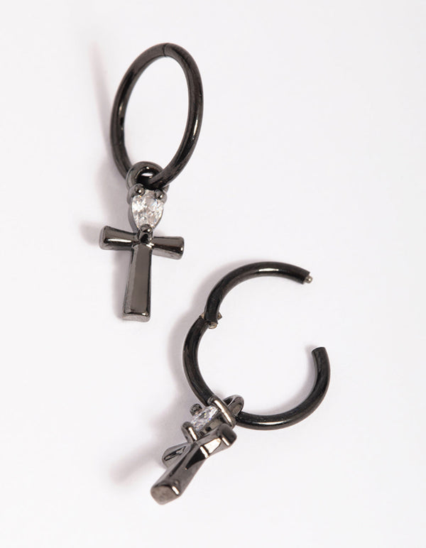 Matte Black Surgical Steel Cross Hoop Earrings