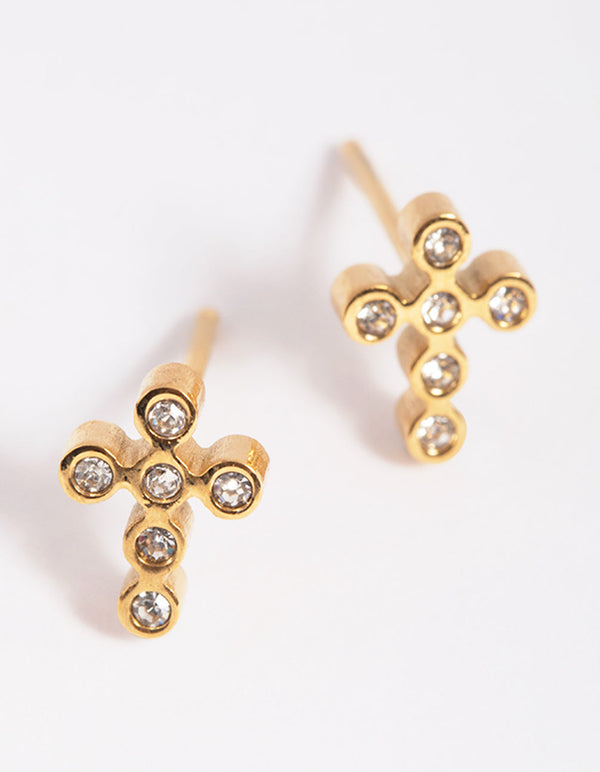 Gold Plated Surcial Steel Cross Stud Earrings