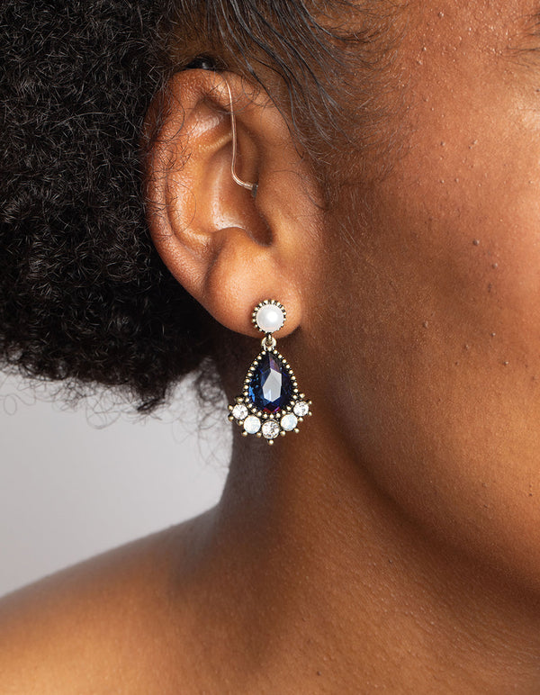 Navy Pearl and Diamante Drop Earrings