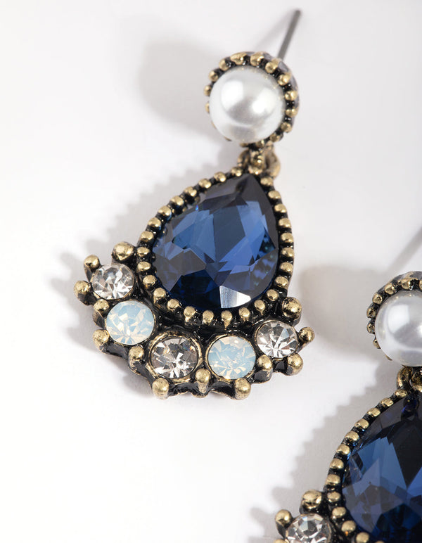 Navy Pearl and Diamante Drop Earrings