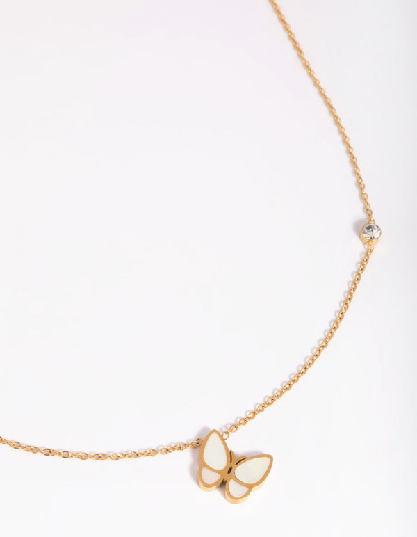 Gold Plated Surgical Steel Butterfly Necklace with Mother of Pearl