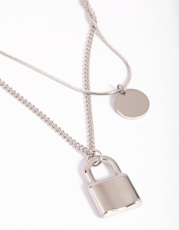 Surgical Steel Disc and Padlock Layered Necklace