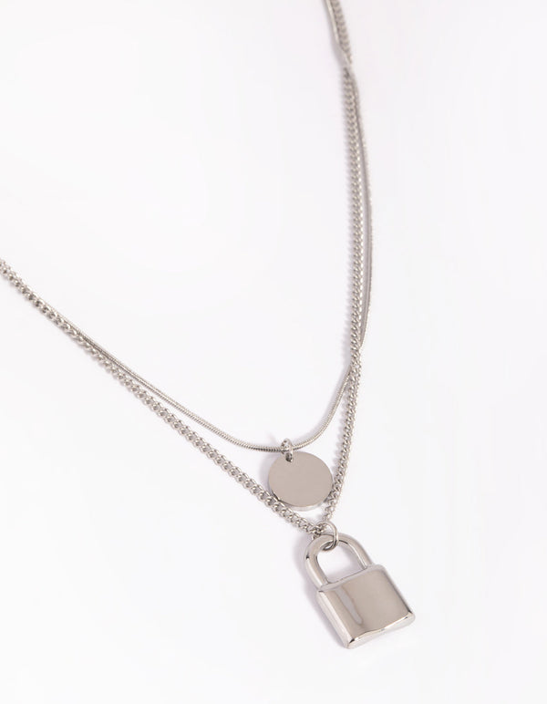 Surgical Steel Disc and Padlock Layered Necklace