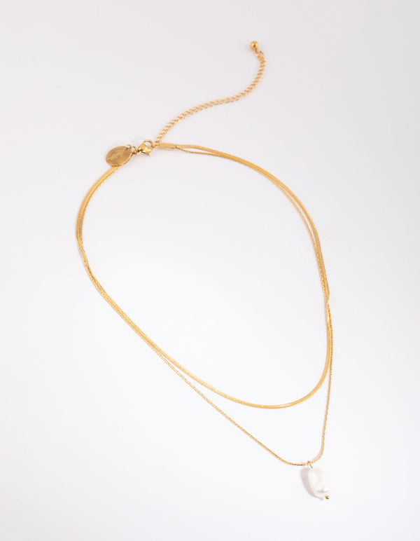 Gold Plated Surgical Steel Snake Chain and Freshwater Pearl Layered Necklace