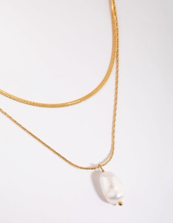 Gold Plated Surgical Steel Snake Chain and Freshwater Pearl Layered Necklace