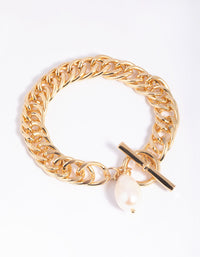 Gold Plated Fob Chain Bracelet with Freshwater Pearl - link has visual effect only