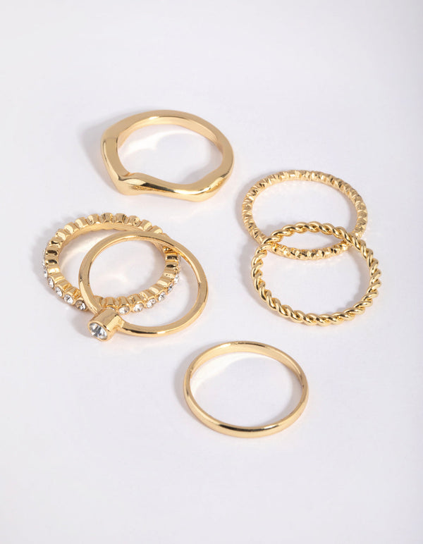 Gold Plated Molten Diamante Ring Pack
