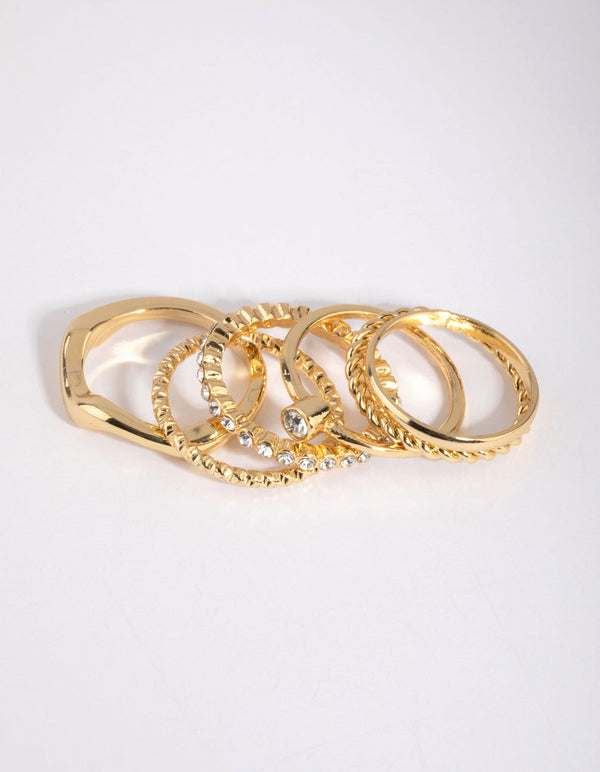 Gold Plated Molten Diamante Ring Pack