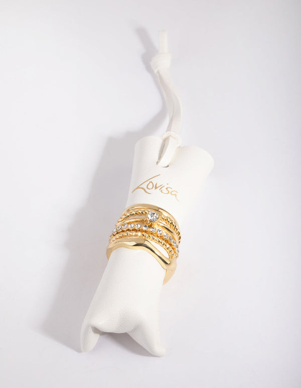 Gold Plated Molten Diamante Ring Pack