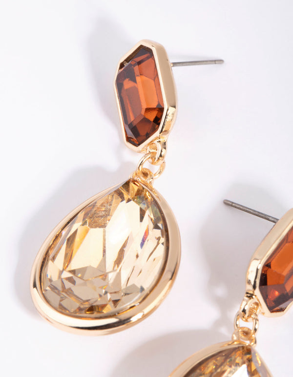 Gold and Brown Diamante Drop Earrings