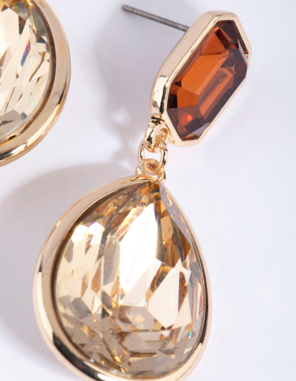 Gold and Brown Diamante Drop Earrings