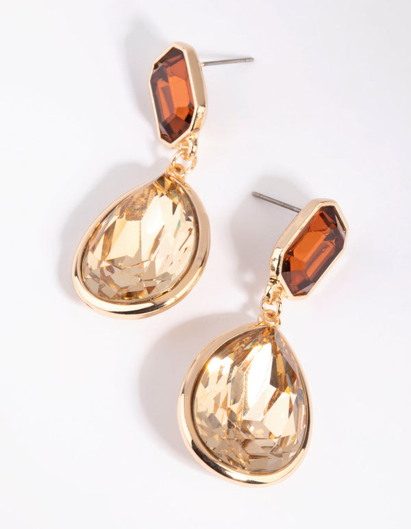 Gold and Brown Diamante Drop Earrings