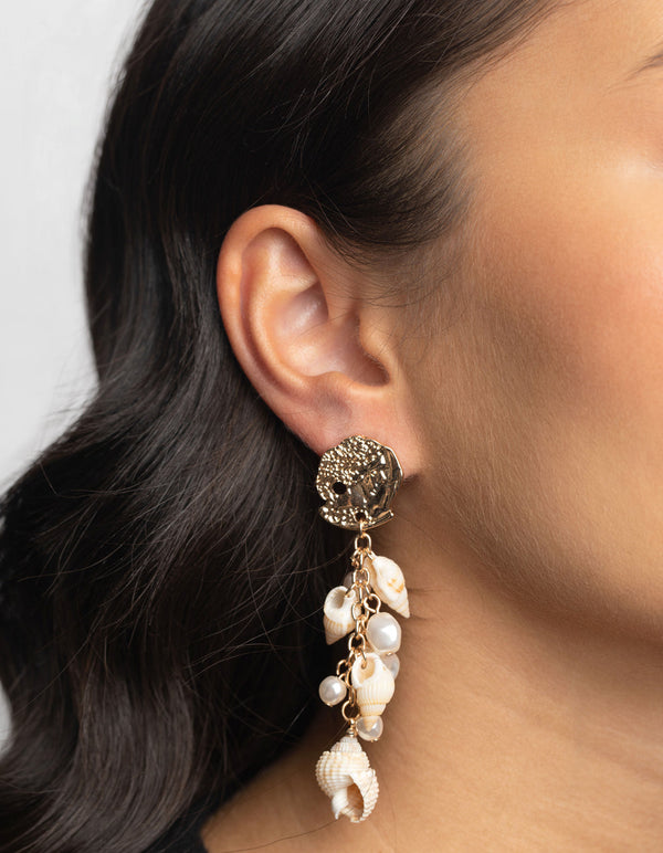 Gold Shell and Pearl Drop Earrings