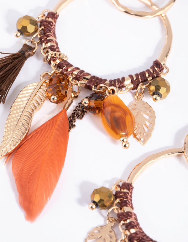 Brown Bead and Feather Drop Earrings