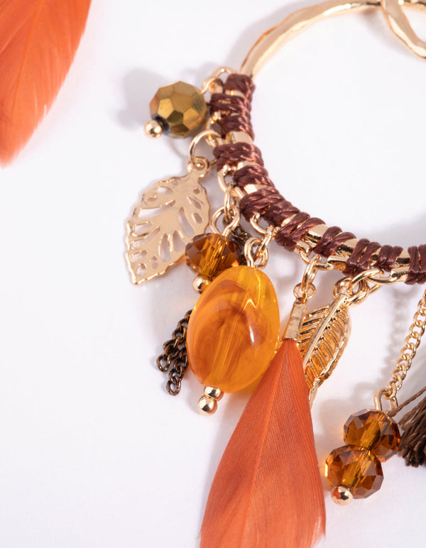 Brown Bead and Feather Drop Earrings