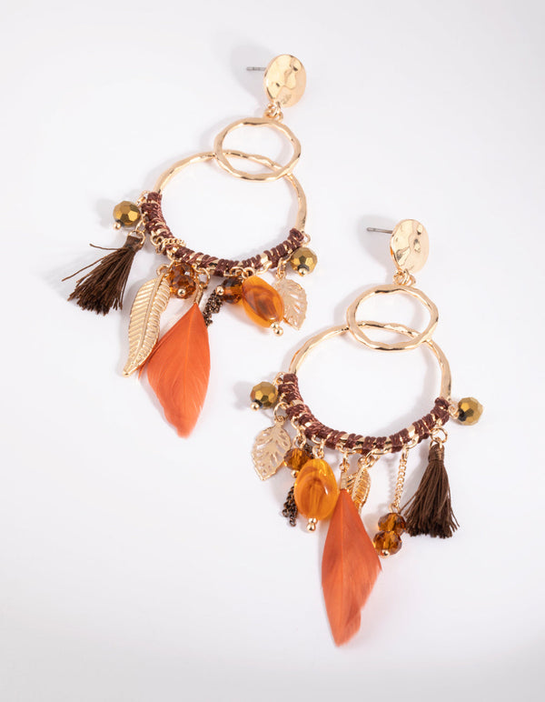 Brown Bead and Feather Drop Earrings