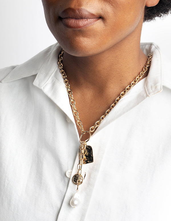 Gold Pearl and Coin Chain Necklace
