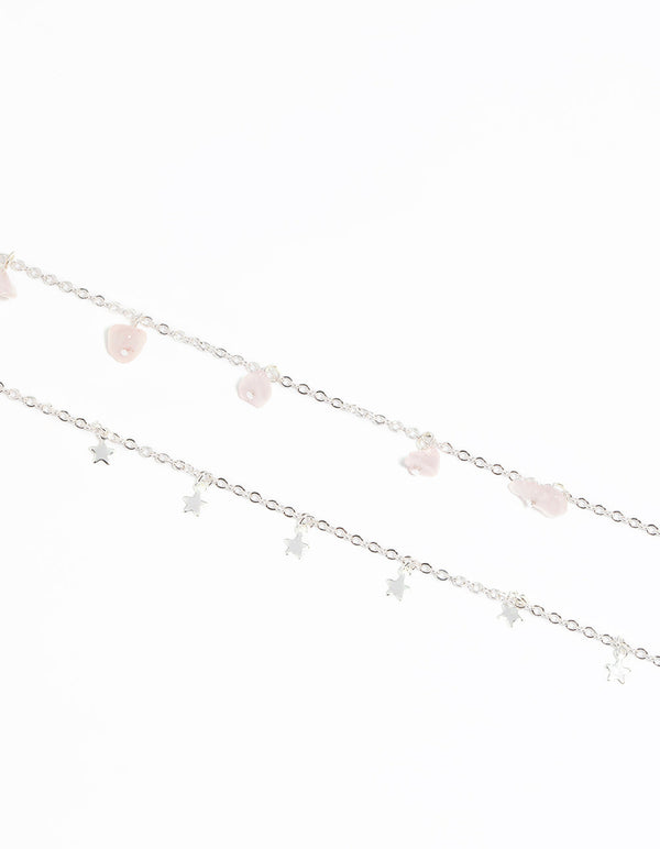 Silver Rose Quartz Star Anklet Set
