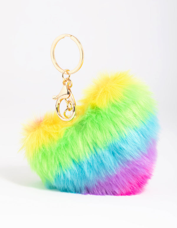 Kds Rainbow Fluffy Heart Keyring
