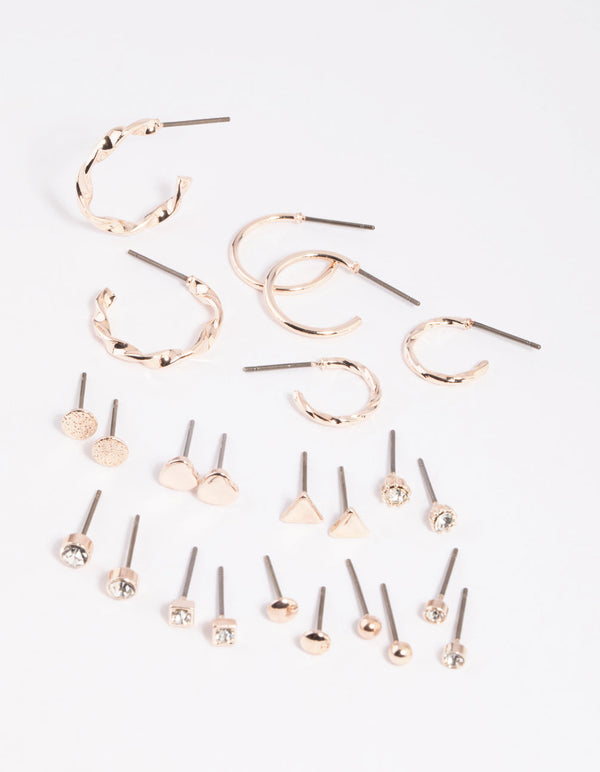 Rose Gold Diamante Heart Stud Earring Pack