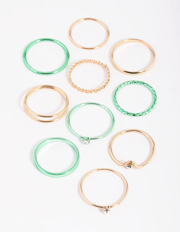 Gold and Green Metallic Ring Stack Pack
