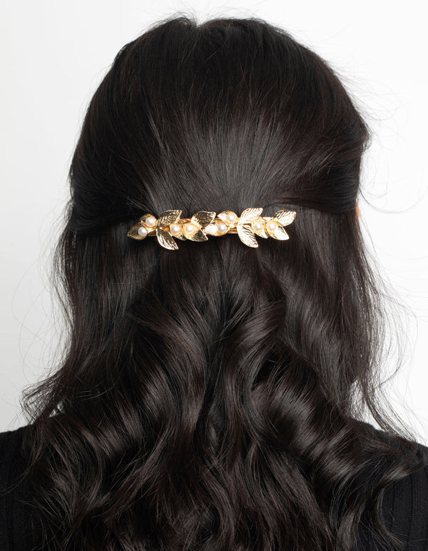 Gold Leaf and Pearl Barette Clip