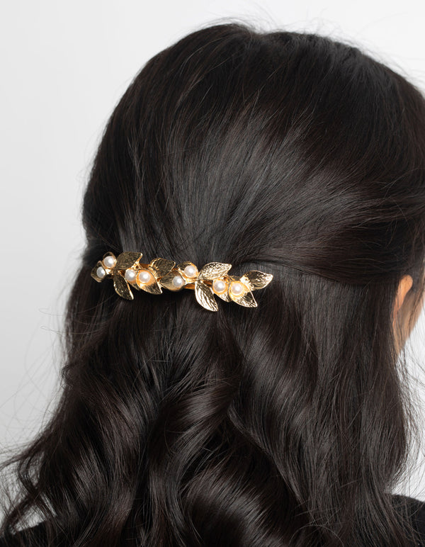 Gold Leaf and Pearl Barette Clip