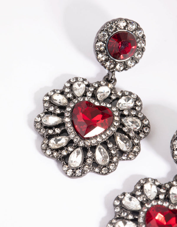 Matte Red Diamante Heart Drop Earrings