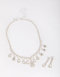 Silver Teardrop Diamante Statement Necklace and Earrings Set - link has visual effect only