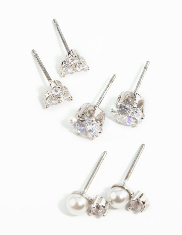 Rhodium Cubic Zirconia Pearl Stud Earring Pack