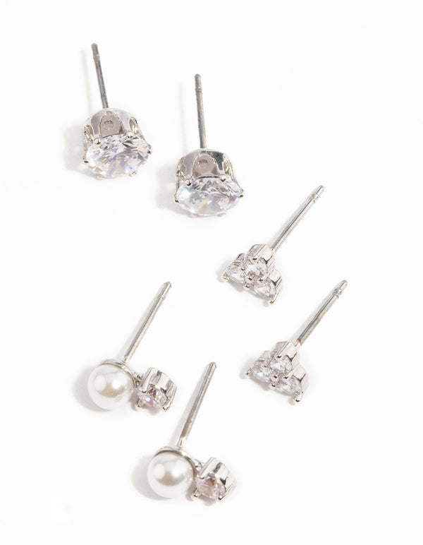 Rhodium Cubic Zirconia Pearl Stud Earring Pack