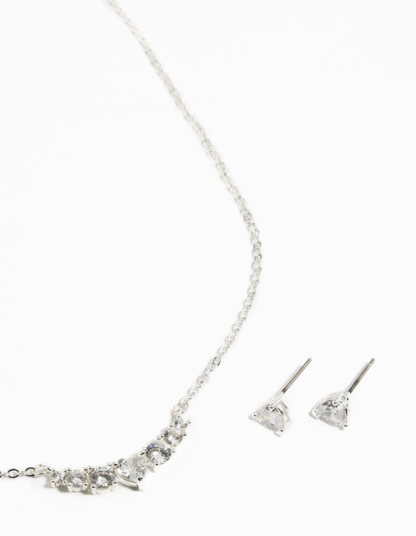 Silver Cubic Zirconia Heart Necklace and Earrings Set