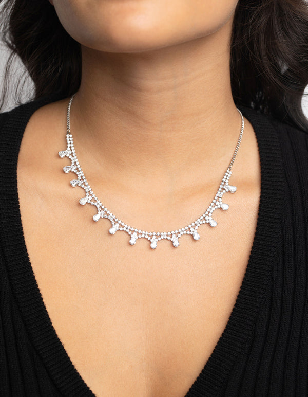 Rhodium Cubic Zirconia Droplet Necklace