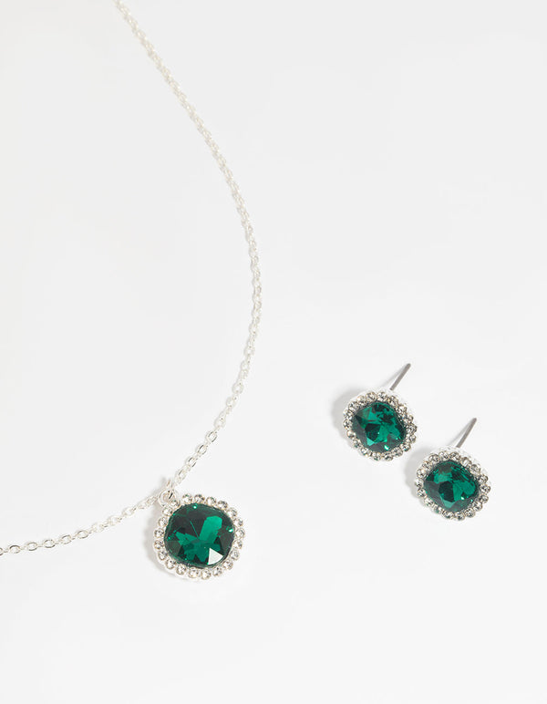 Green Cushion Halo Necklace and Earrings Set