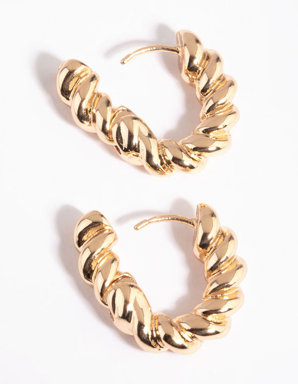 Gold Twisted Oval Huggie Hoop Earrings
