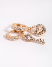 Gouden diamanten hart en sleutel Huggie Hoop oorbellen - link has visual effect only