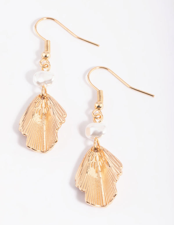 White Pearl Bead and Leaf Drop Earrings