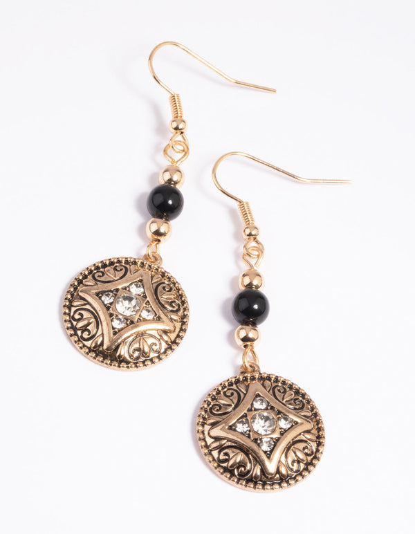Black Beaded Disc Drop Earrings