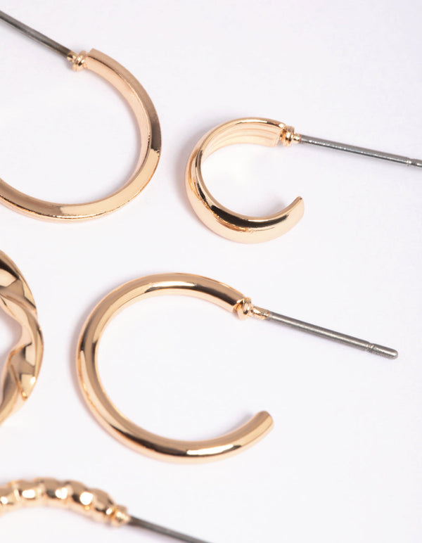 Gold Smooth and Twisted Stacking Earrings