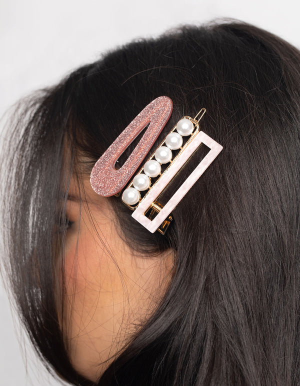 Pink Glitter Pearl Clips