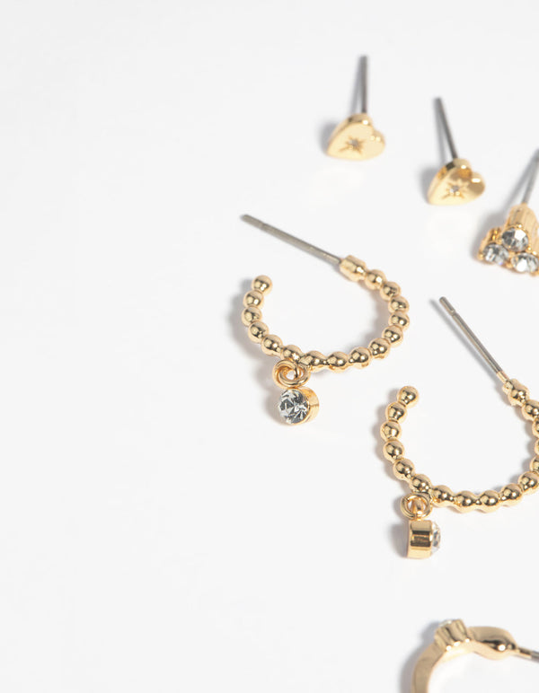 Gold Plated Heart and Diamante Mixed Earring Pack