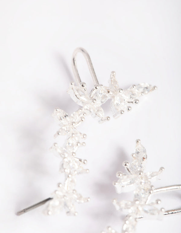 Silver Cubic Zirconia Floral Cuff Earrings