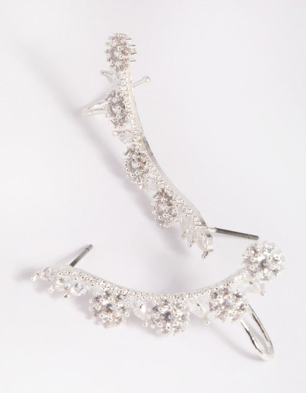Silver Cubic Zirconia Rose Cuff Earrings