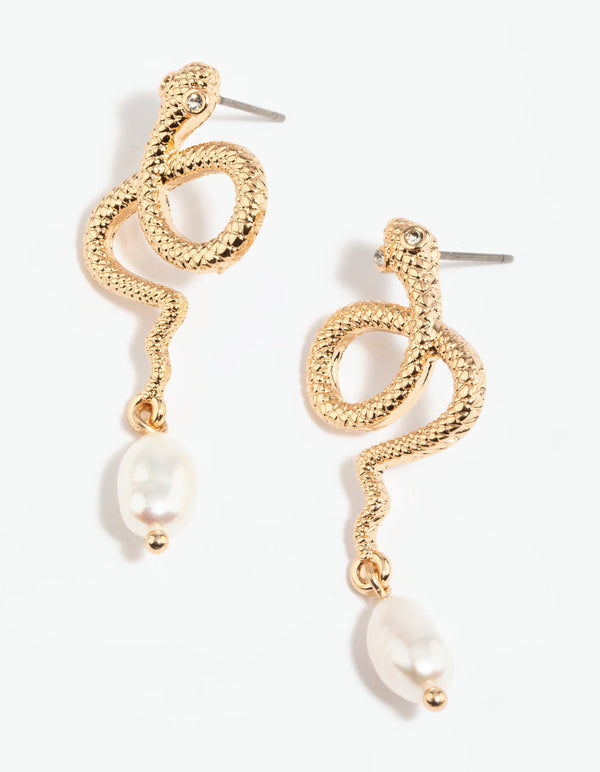Gold Snake and Pearl Drop Earrings
